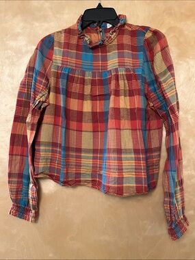 Basin + Range Plaid Ruffle-Neck Blouse